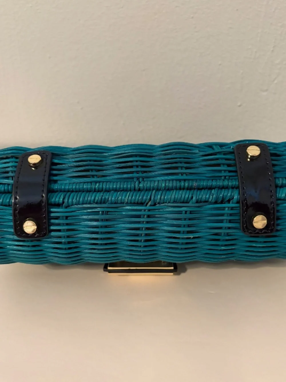 J.Crew Teal Woven Clutch with Black Patent Flap & Gold Turn-Lock